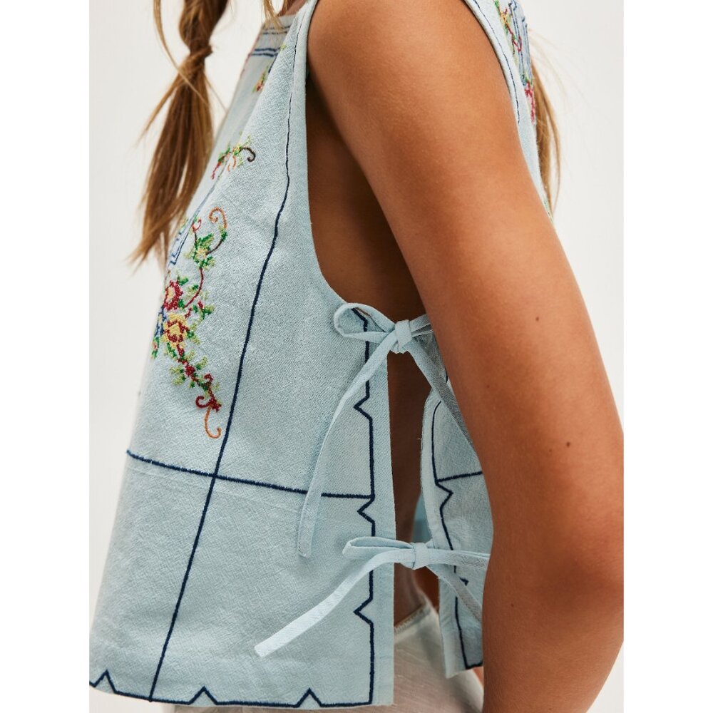 NWT Free People Light Blue Embroidered Square Neck Tank - Picture 4 of 8